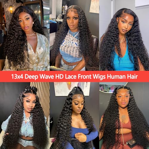 30 Inch Deep Wave Lace Front Wigs Human Hair 13x4 HD Lace Front Wigs Human Hair Pre Plucked 180% Density Deep Curly Human Hair Wig Wet and Wavy Glueless Frontal Human Hair Lace Front Wigs for Women