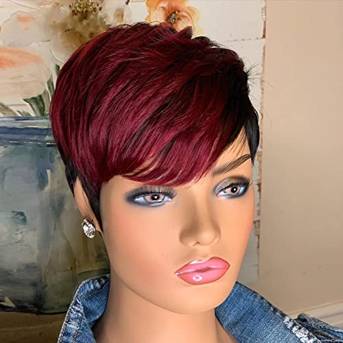 SAEIALL Short Pixie Cut Wig Human Hair for Black Women Colored Haircut Wigs None Lace Frontal Wigs Glueless Easy to Wear Put On and Go Wig (Black with Burgundy)