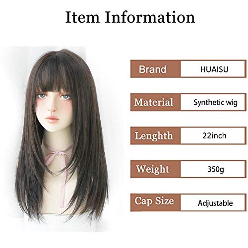 HUAISU Long Black Straight Hair Wig with Bangs Synthetic High Density Long Hair Wig for Women