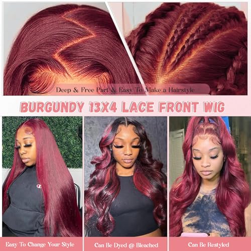 Munx Lace Front Wigs Human Hair 26 Inch 13x4 Body Wave Lace Front Wigs 99J Burgundy Pre Plucked 180 Density HD Transparent Wine Red Colored Wigs Human Hair for Black Women with Baby Hair