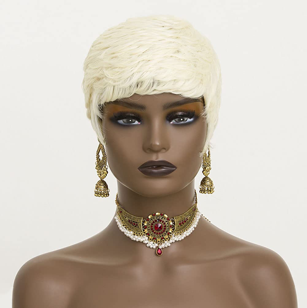 613 Blonde Pixie Cut Wig Short Wigs for Black Women Short Wavy Hair Replacement Blonde Pixie Synthetic Hair Curly Layered Wig With Bangs Short Cut Wigs for Black Women