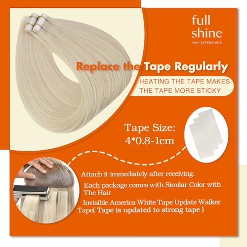 Full Shine Fashion Tape Hair Extensions Real Remy Human Couture Short 12 Inch Color 60 Platinum Blonde in Remy 20 Pieces 30G Thick Ends Piece for Invisible Seamless Human Hair Extensions