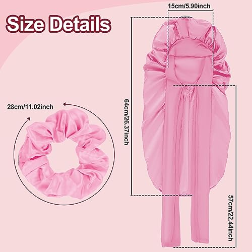 PLUMXUE Long Silk-Satin Hair Bonnet - Extra Large Sleeping Cap for Women Braid Curly with Adjustable Tie Band and Scrunchies (Pink)