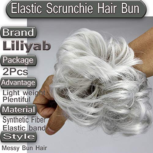 2Pcs Messy Hair Bun Hair Piece Scrunchy Hair Bun Pieces Extension Curly Wavy Rubber Band Elastic Scrunchie Ponytail Hair Accessories (Silver gray)