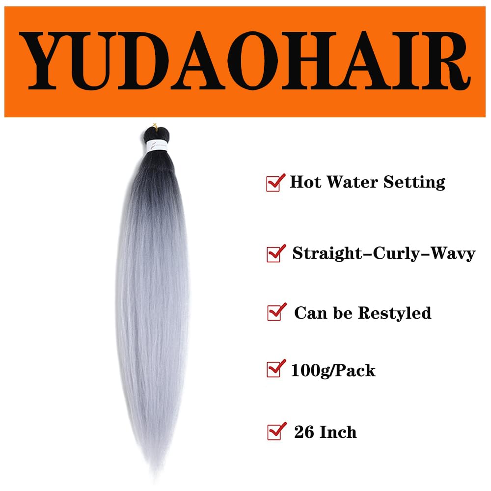 Pre Stretched Braiding Hair 26 Inch Ombre Red Kanekalon Braiding Hair Extensions Hot Water Setting Crochet Box Braids Hair (26 Inch (Pack of 1), Black-Silver Grey)