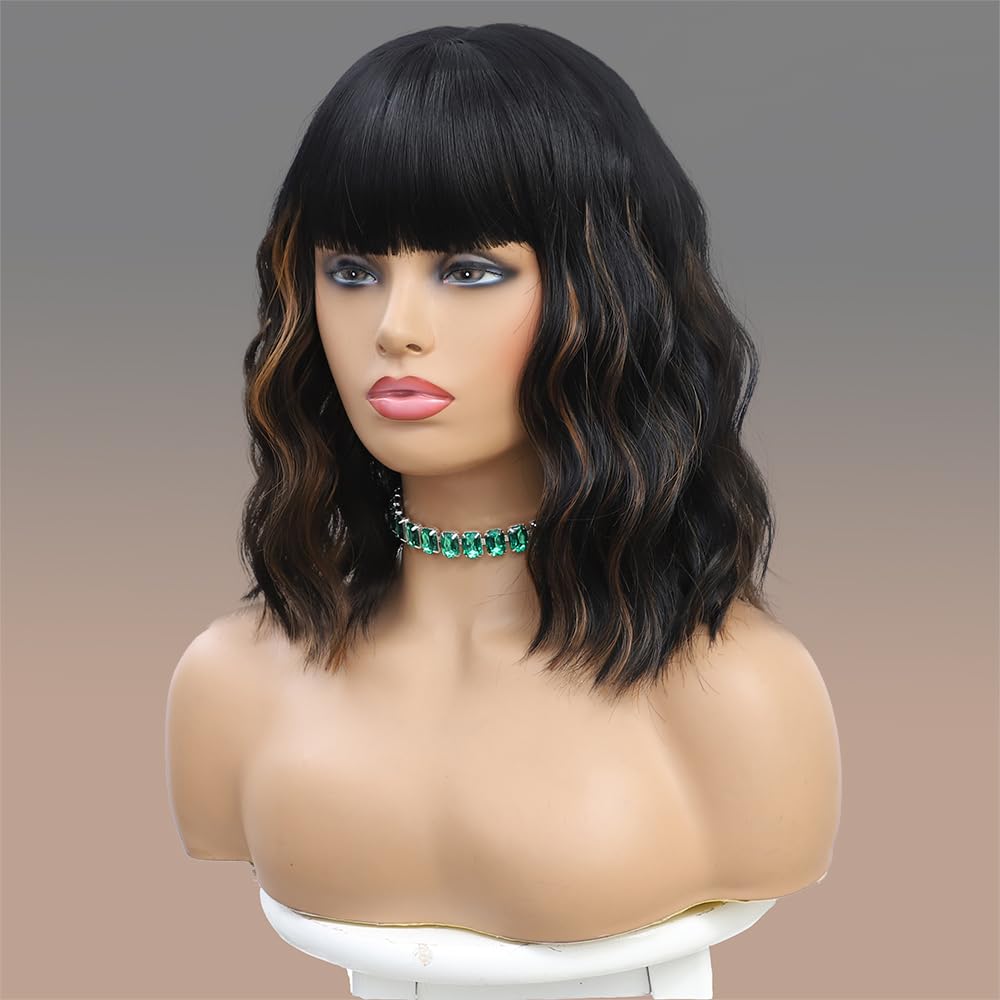 14 Inch Black Mixed Brown Highlights Wigs for Women Short Wavy Curly Wig With Bangs Natural Looking Synthetic Hair Wigs Heat Resistant Fiber Wig for Daily Party (Black Mixed Brown)