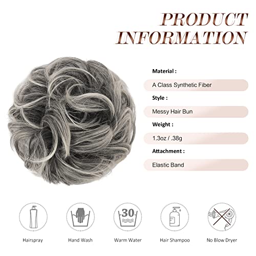 FESHFEN Messy Hair Bun Hair Pieces Elastic Wavy Curly Hair Bun Scrunchies Extensions Synthetic Chignon Hairpieces for Women Girls, Gray and White Tips 1 PCS