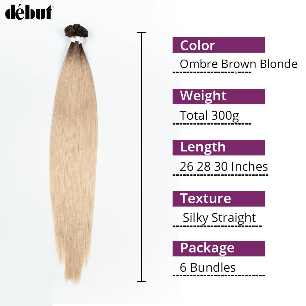 DÉBUT 26 28 30 Inches Long Straight Hair 6 Bundles High Temperature Fiber 300g for Full Head Synthetic Hair Weave Ombre Brown Roots to Blonde
