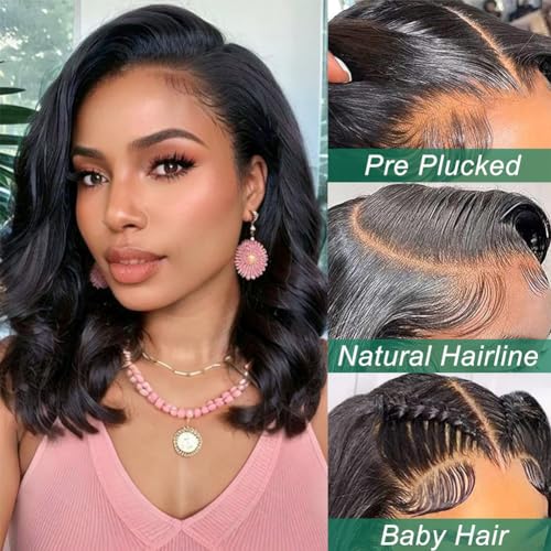 Douyin Bob Wig Human Hair 13x4 Frontal Lace Wig 14 Inch Body Wave 180% Density HD Lace Front Wigs Human Hair Pre Plucked Glueless Bob Wigs for Women Human Hair Wigs (14 inch, Natural Black)