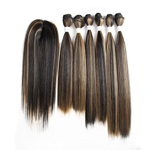 X-TRESS Highlight Balayage Synthetic Hair Bundles with Closure Yaki Straight Weft Weave Ombre Honey Blonde Swiss Lace Hair Extension Heat Friendly
