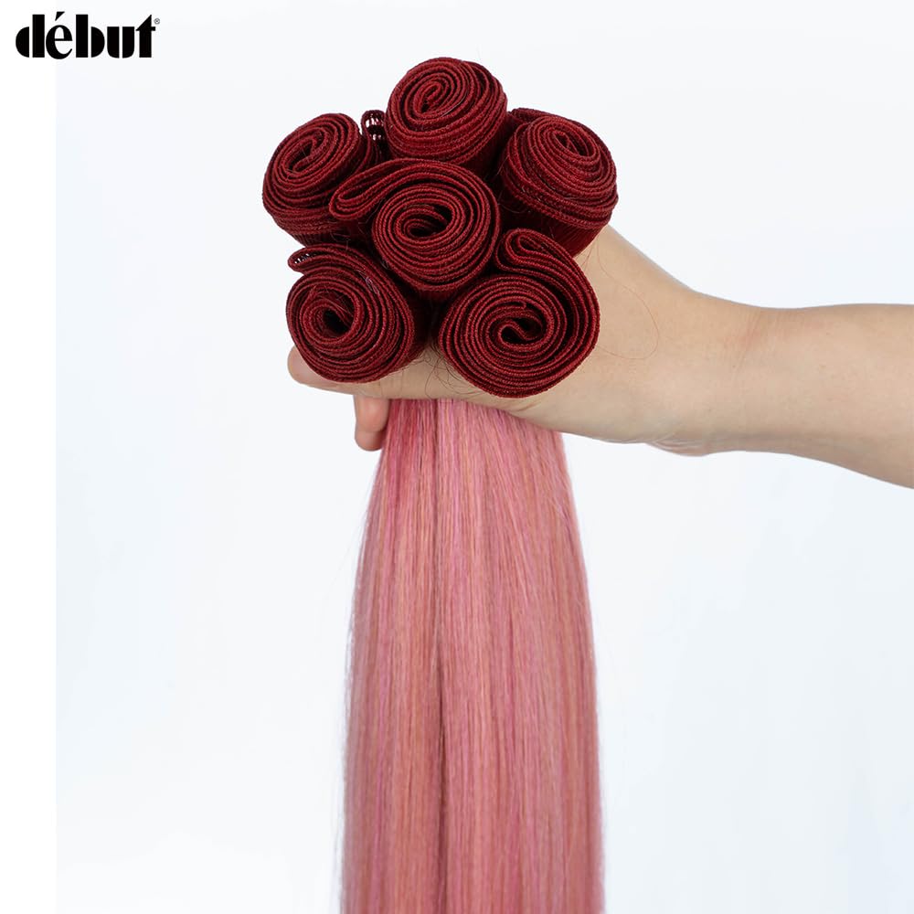 DÉBUT Long Straight Hair 6 Bundles 26 28 30 Inches High Temperature Fiber 300g for Full Head Synthetic Hair Weave Ombre Red to Pink