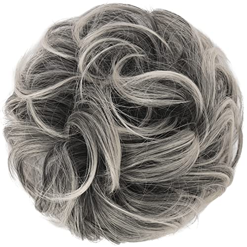 FESHFEN Messy Hair Bun Hair Pieces Elastic Wavy Curly Hair Bun Scrunchies Extensions Synthetic Chignon Hairpieces for Women Girls, Gray and White Tips 1 PCS