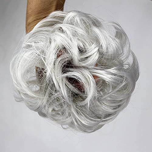 2Pcs Messy Hair Bun Hair Piece Scrunchy Hair Bun Pieces Extension Curly Wavy Rubber Band Elastic Scrunchie Ponytail Hair Accessories (Silver gray)