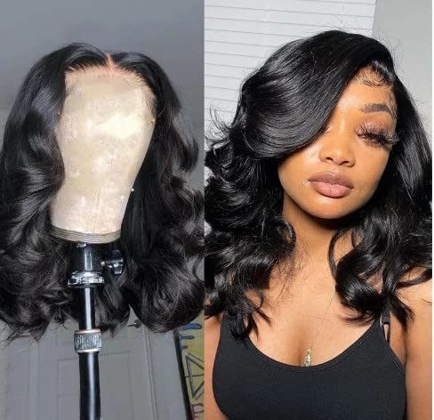 YruYptpaln Lace Front Wigs Short Straight Glueless Wig HD Transparent Lace Frontal Wig Natural Hairline Pre Plucked V Part Wigs for Women(Black)