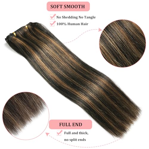 Clip in Hair Extensions Real Human Hair, Remy Human Hair Clip in Extensions Double Weft Seamless Clip ins Hair Extension for Women Balayage Natural Black Mixed Chestnut Brown 16 Inch 2.8oz/80g