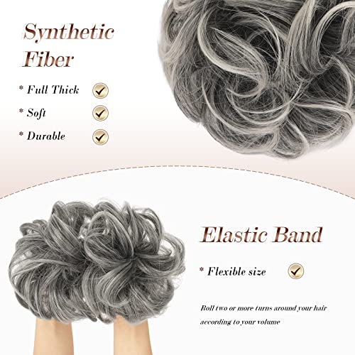 FESHFEN Messy Hair Bun Hair Pieces Elastic Wavy Curly Hair Bun Scrunchies Extensions Synthetic Chignon Hairpieces for Women Girls, Gray and White Tips 1 PCS