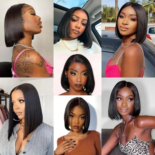 Wear and Go Glueless Bob Wigs Human Hair Straight Bob Wigs Human Hair Pre Plucked Pre Cut 4x4 HD Lace Front Glueless Wigs Human Hair 180% Density Short Straight Bob Wigs for Black Women (10 Inch)