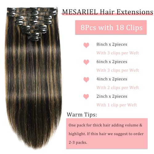 Clip in Hair Extensions Real Human Hair, Remy Human Hair Clip in Extensions Double Weft Seamless Clip ins Hair Extension for Women Balayage Natural Black Mixed Chestnut Brown 16 Inch 2.8oz/80g