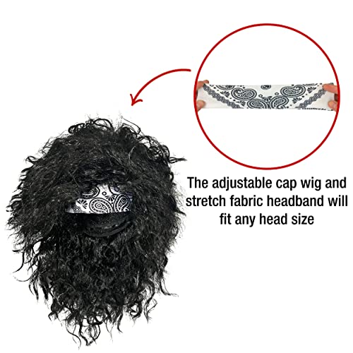 Watt's Wigs - 80s Hair Metal Rocker Costume Set - Glam Rock Band Black Curly Wig with Paisley Print Stretch Fabric Headband, Color Tattoo Sleeve, and Biker Glove - One Size Fits All (Black)
