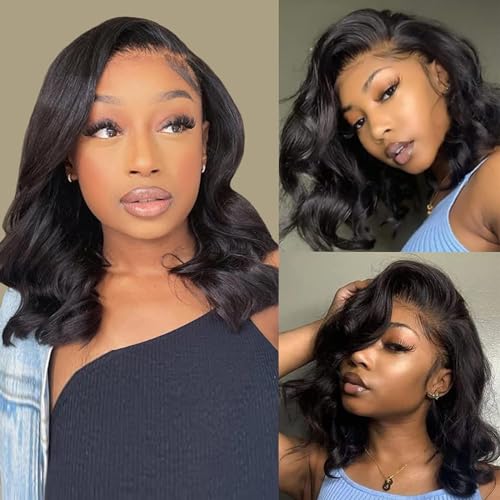 Douyin Bob Wig Human Hair 13x4 Frontal Lace Wig 14 Inch Body Wave 180% Density HD Lace Front Wigs Human Hair Pre Plucked Glueless Bob Wigs for Women Human Hair Wigs (14 inch, Natural Black)