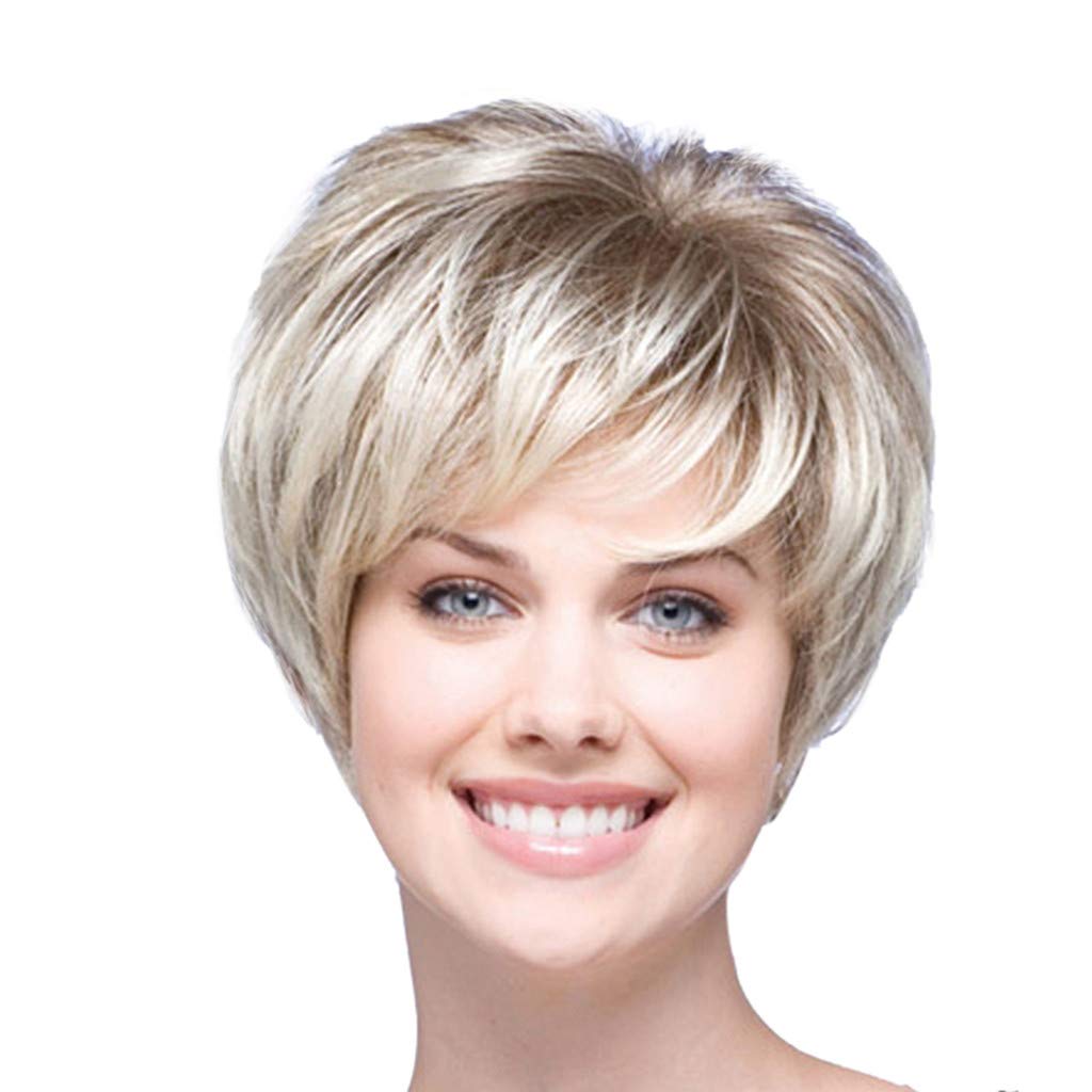 dumanfs Women Natural Short Wavy White Gradient Wig Rose Net Synthetic Curly Wigs