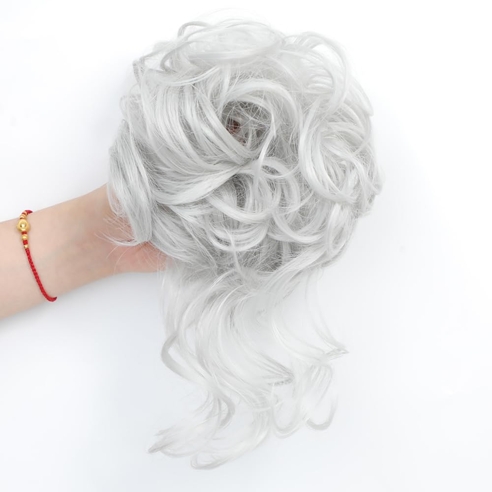 KETHBE Messy Bun Hair Piece Tousled Updo Hair Buns Extension Elastic Hair Band Hair Pieces Curly Hair Bun Scrunchie For Women (Silver Gray)