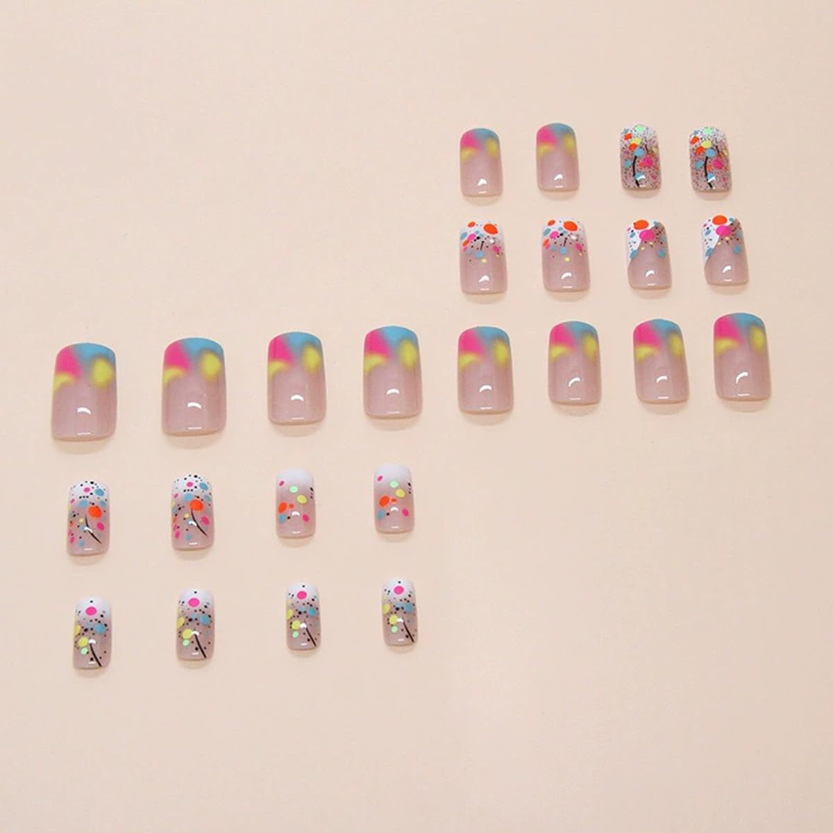 Medium Press on Nails Square Shape Fake Nails with Rainbow Dot Designs Ombre Nails Sweet Summer Glue on Nails Glossy Gradient Acrylic Nails Full Cover Reusable Stylish Stick on Nails for Women 24PCS