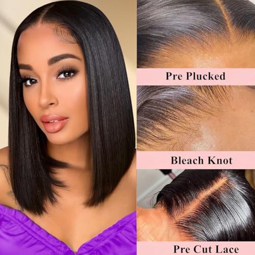Wear and Go Glueless Bob Wigs Human Hair Straight Bob Wigs Human Hair Pre Plucked Pre Cut 4x4 HD Lace Front Glueless Wigs Human Hair 180% Density Short Straight Bob Wigs for Black Women (10 Inch)