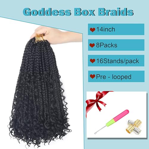 Goddess Bohemian Box Braids Crochet Hair - 14 Inch Curly Ends, 8 Packs Synthetic Braiding Hair Extensions for Black Women (14 Inch, 1B)