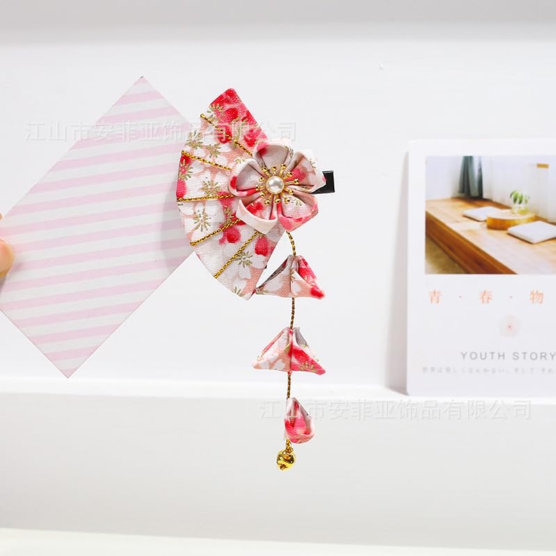 Union Power 1 Pair Japanese Style Hair Clips Sector Tassel Hair Accessories Flower Kimono Traditional Hairpins Barrette Cherry Blossom Hair Clamp Bride Hanfu Accessory for Womens (Pink)