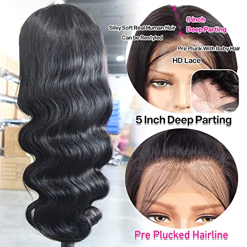 Yamikk 26 Inch 13x5 Body Wave Lace Front Wigs Human Hair For Black Women 180% Density HD Lace Front Human Hair Wigs Pre Plucked Natural Hairline Brazilian Lace Frontal Wigs With Baby Hair