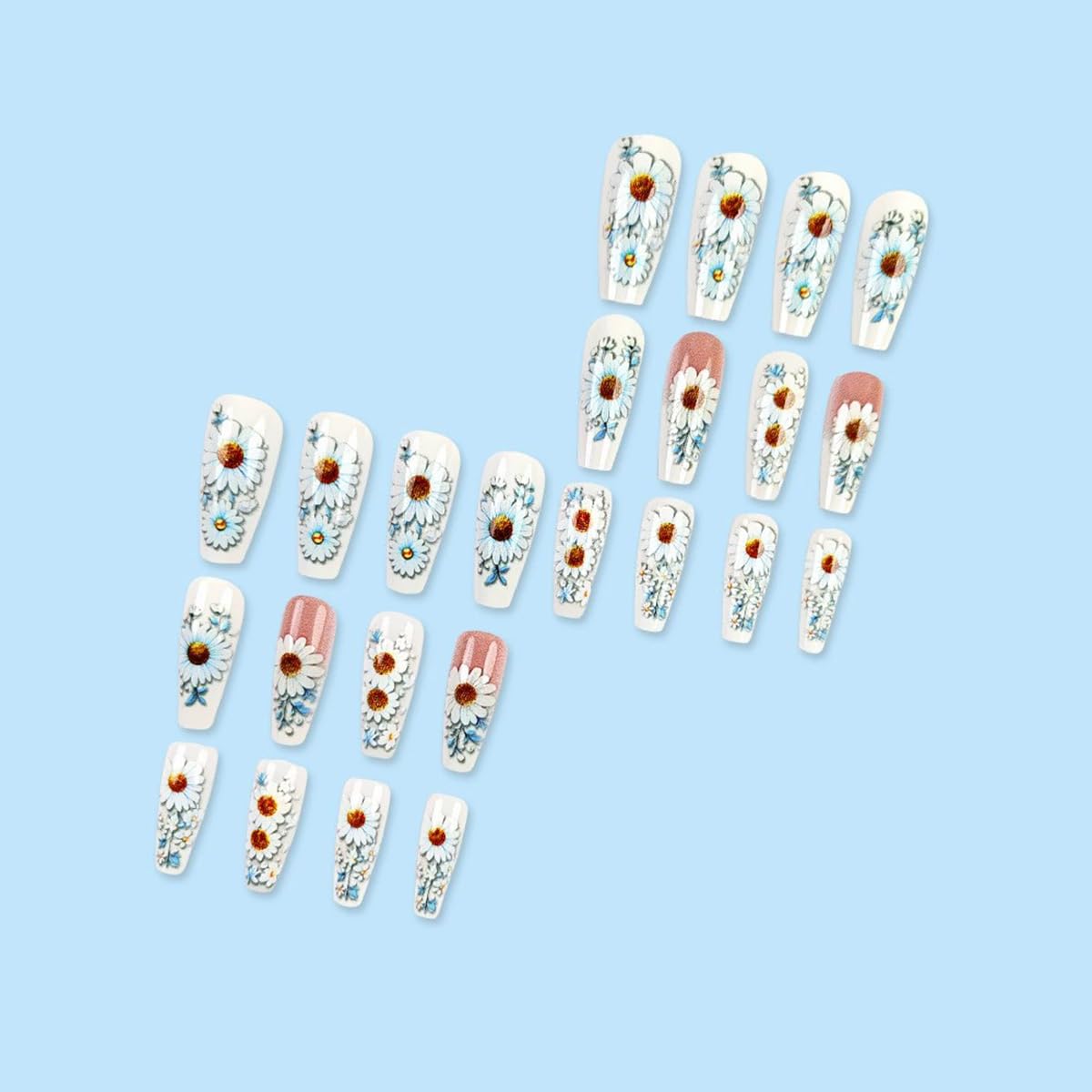 Spring Flower Press on Nails Long Coffin Fake Nails with Daisy Designs Spring Summer Glue on Nails Glossy Flower Acrylic Nails Full Cover False Nails with Glue Reusable Stick on Nails for Women 24PCS