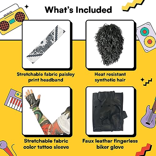 Watt's Wigs - 80s Hair Metal Rocker Costume Set - Glam Rock Band Black Curly Wig with Paisley Print Stretch Fabric Headband, Color Tattoo Sleeve, and Biker Glove - One Size Fits All (Black)