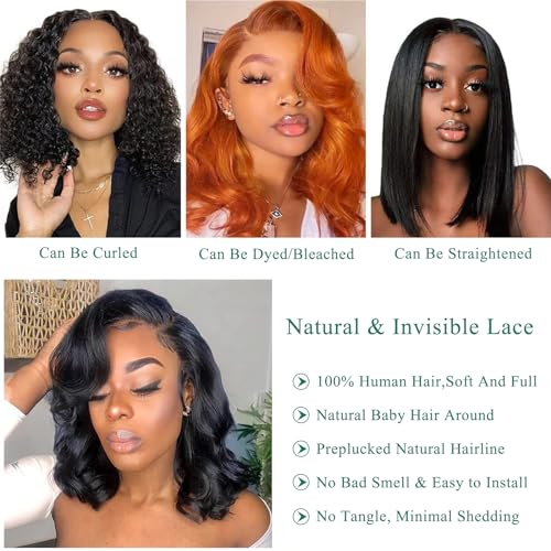 Douyin Bob Wig Human Hair 13x4 Frontal Lace Wig 14 Inch Body Wave 180% Density HD Lace Front Wigs Human Hair Pre Plucked Glueless Bob Wigs for Women Human Hair Wigs (14 inch, Natural Black)