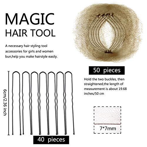 Zonon Bun Hair Nets Invisible Elastic Edge Mesh and U Shaped Pins Set, 50Pcs Individual Package Invisible Hair Nets, 40Pcs U Shaped Pins for Ballet Bun, Sleeping, Women and Wig (Light Linen)