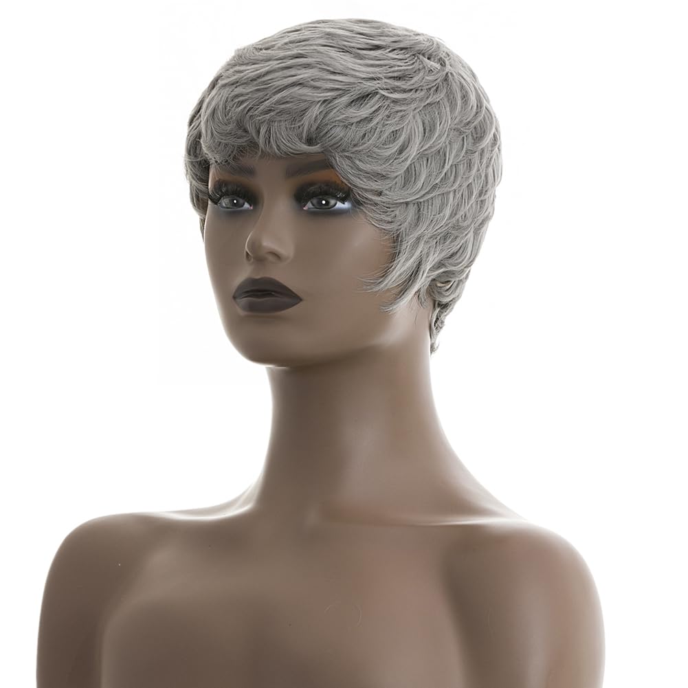 BingSing Short Grey Wigs for Back Women Pixie Cut Wigs Short Wigs for Black Women Short Grey Pixie Curly Hair Wig