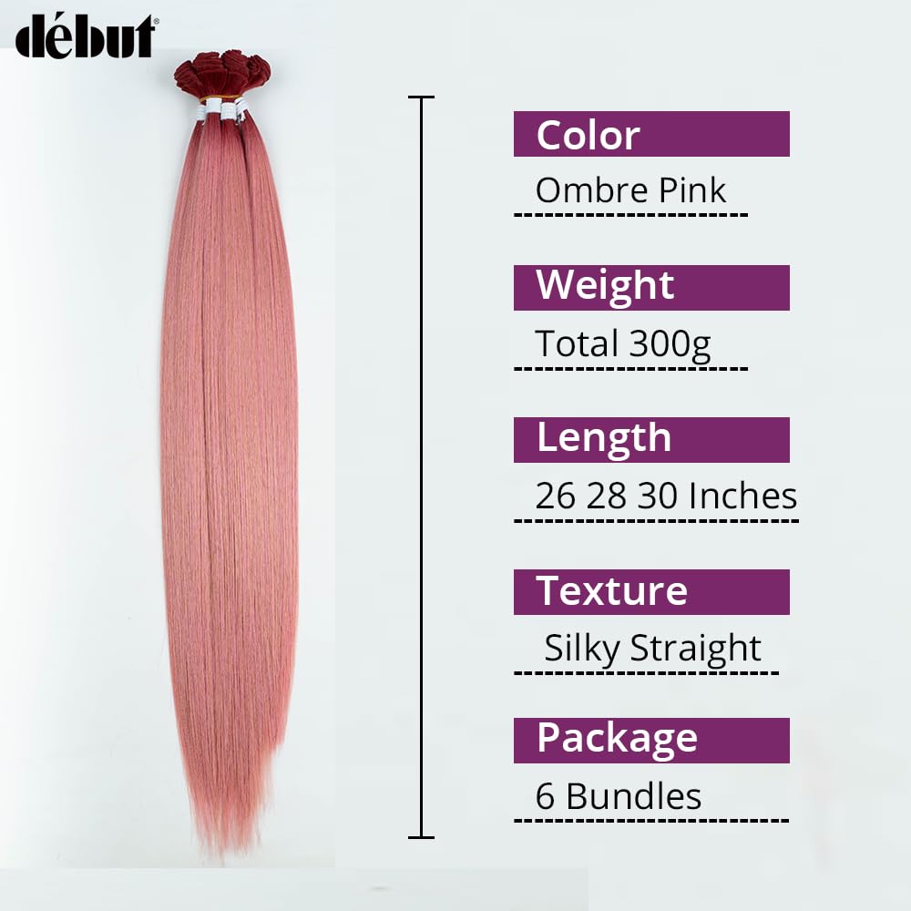 DÉBUT Long Straight Hair 6 Bundles 26 28 30 Inches High Temperature Fiber 300g for Full Head Synthetic Hair Weave Ombre Red to Pink