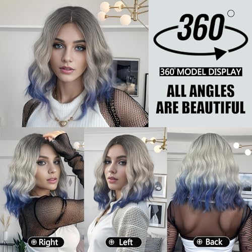 MUPUL Black Ombre silver gray To Blue Wig Short Body Wavy Bob Wigs for Women Shoulder Length Synthetic Cosplay Party Wig for Girls Daily Use Colorful Wigs
