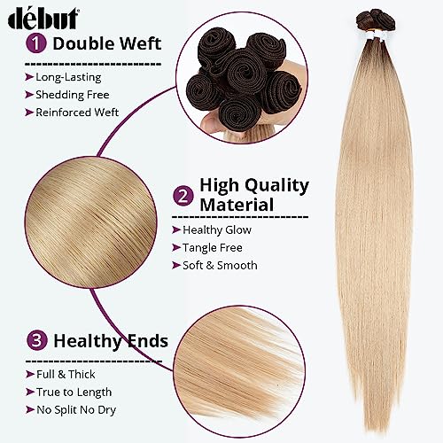 DÉBUT Silky Straight 6 Bundles with Lace Front Closure Synthetic Long Straight Hair Bundles Weave Hand-Tied Middle Parting Lace Closure Ombre Blonde Color