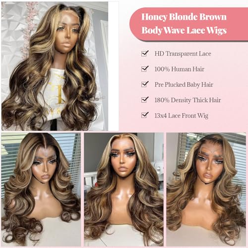 Munx Highlight Ombre Lace Front Wigs Human Hair Pre Plucked with Baby Hair 13x4 Body Wave Frontal Wigs Human Hair 180% Density 4/27 Colored Honey Blonde Human Hair Wig for Women Long 34inch