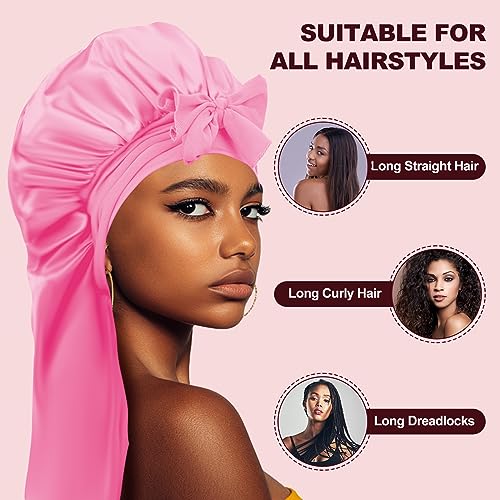 PLUMXUE Long Silk-Satin Hair Bonnet - Extra Large Sleeping Cap for Women Braid Curly with Adjustable Tie Band and Scrunchies (Pink)