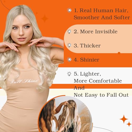 Full Shine Fashion Tape Hair Extensions Real Remy Human Couture Short 12 Inch Color 60 Platinum Blonde in Remy 20 Pieces 30G Thick Ends Piece for Invisible Seamless Human Hair Extensions