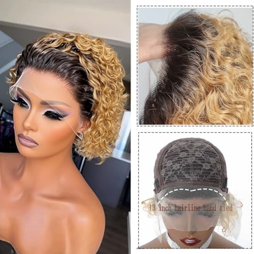 INSTASTYLE Ombre Blonde Pixie Cut Lace Front Wigs 6 inch Human Hair 13X1 Pixie Cut Short Curly Wigs HD Lace Front Wigs Plucked Pixie Curly Wigs for Black Women (6 Inch, 1B/27#)