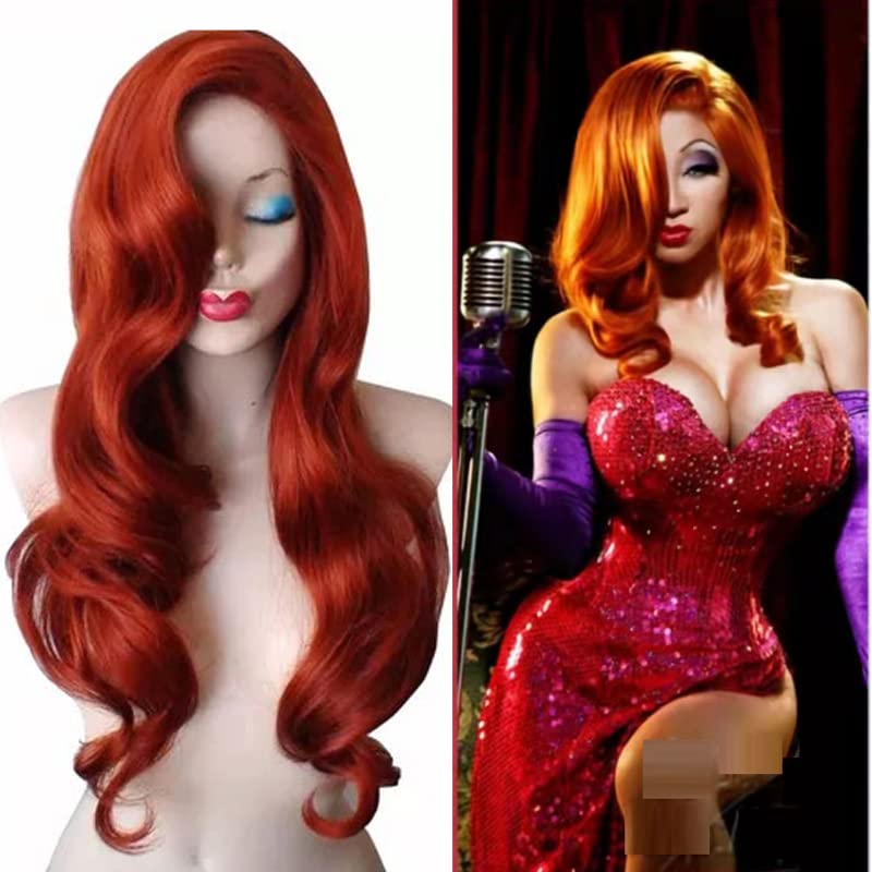 KKbeauty 28” Jessica Rabbit Long Wavy Copper Red Cosplay Wig Spiral Curly Anime Heat Resistant Hair for Women