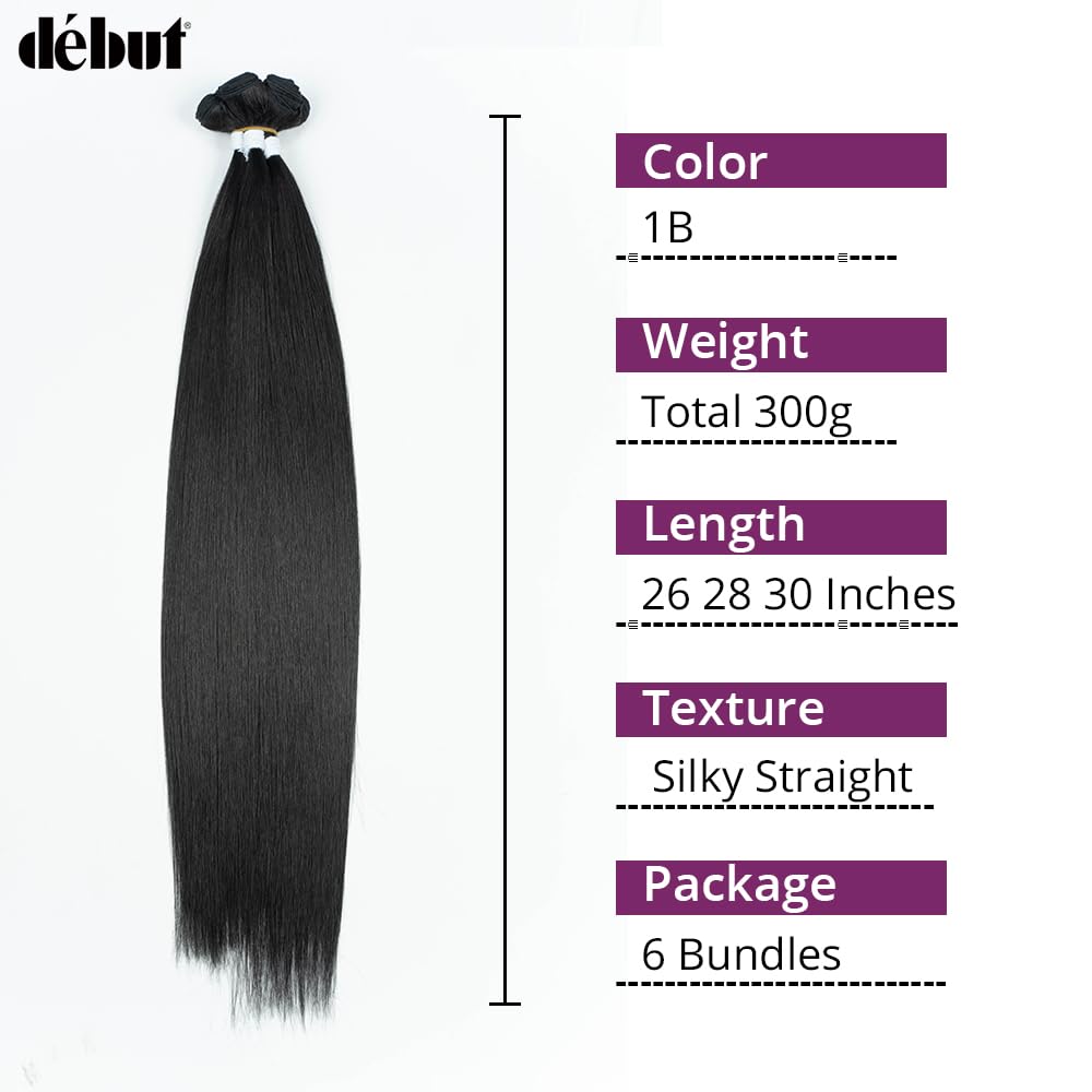 DÉBUT Long Straight Hair 6 Bundles 26 28 30 Inches High Temperature Fiber 300g for Full Head Synthetic Hair Weave 1B Color