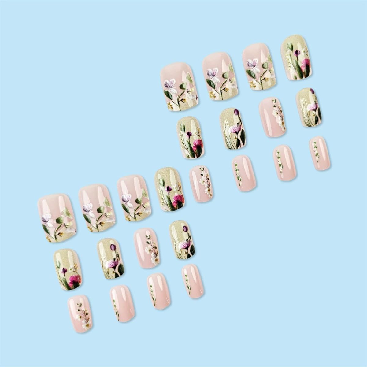 Spring Flower Press on Nails Short Square Fake Nails Glossy Pink Acrylic Nails Press on False Nails with Floral Designs Spring Summer Glue on Nails Short Stick on Nails for Women Nail Art Decor 24PCS