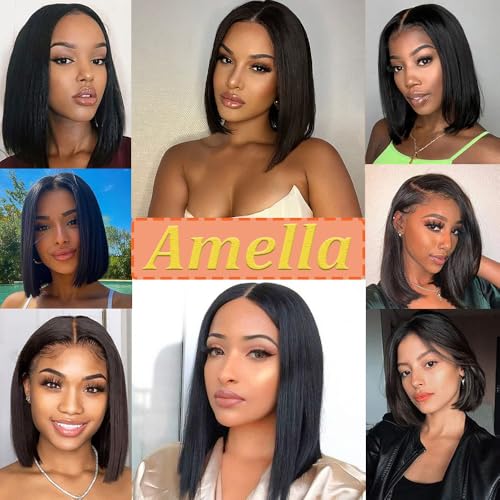 Amella Hair U Part Wig Human Hair Straight Bob Wigs For Black Women 10inch Brazilian Remy Hair Short Bob Human Hair Wigs Clip in U Part Wig Human Hair Extensions Natural Black Color