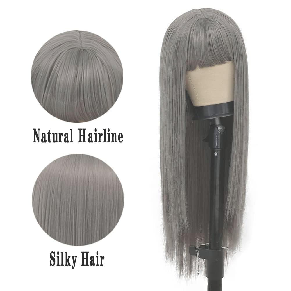 Kaneles Grey Long Wig With Bangs Straight Gray Wig Synthetic Natural Heat Resistant Fiber Hair Daily Cosplay Wig for Women Hair Wig