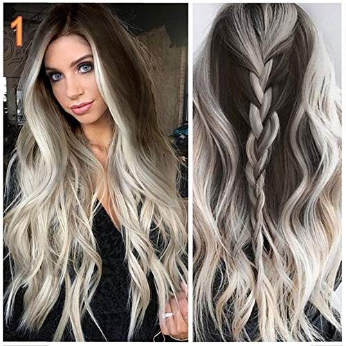 Yoyorule Fashion Party Wigs Grey Long Wigs Synthetic Wig Wavy Hair Full Womens wig Hair Wig Lace Front (grey, One Size)