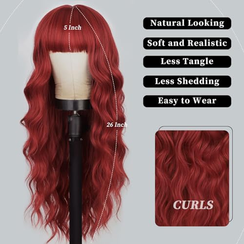 Lativ Red Wig With Bangs Long Red Wigs for Women 26 Inches Curly Wavy Hair Natural Looking Heat Resistant Fiber Wig for Girls Halloween Party Use